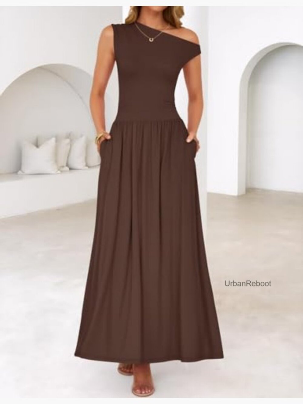 Sleeveless One Shoulder Maxi Dress with Pockets - Picture 2 of 7